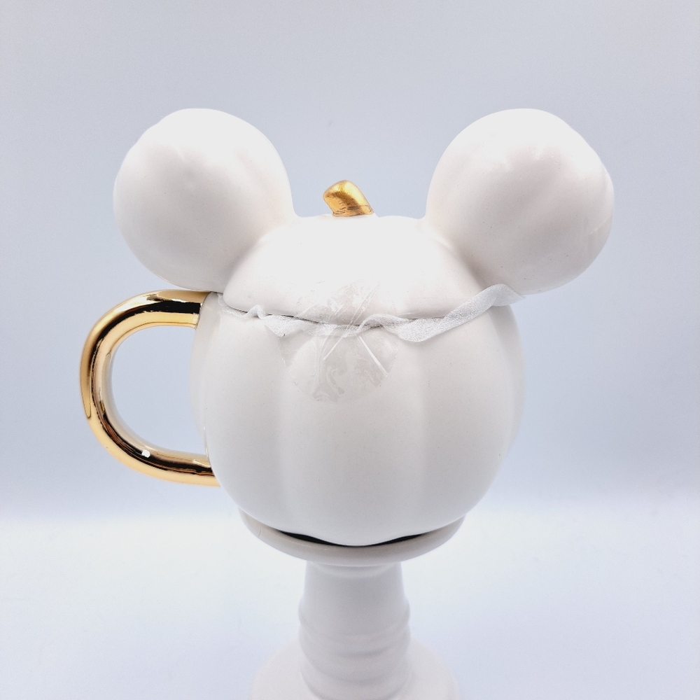 Disney Autumn Mickey Mouse Ear Cream & Gold Pumpkin Coffee Tea Mug With Lid 14oz